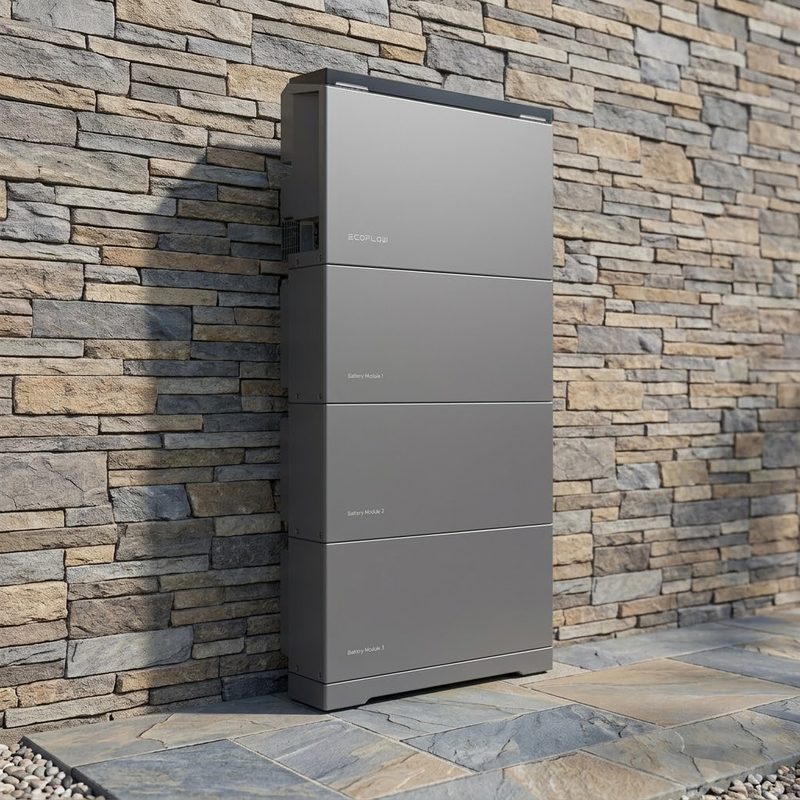 EcoFlow OCEAN 2 inverter with three stacked battery modules against a stone wall
