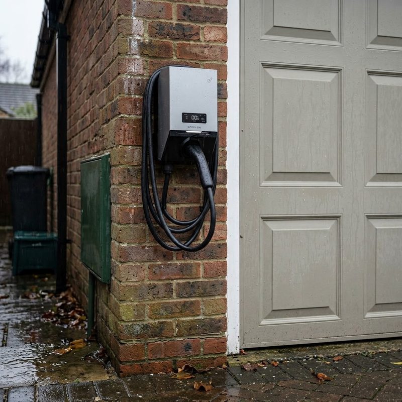 EcoFlow PowerPulse 2 EV charger with its cable coiled, fitted on a brick wall beside a garage