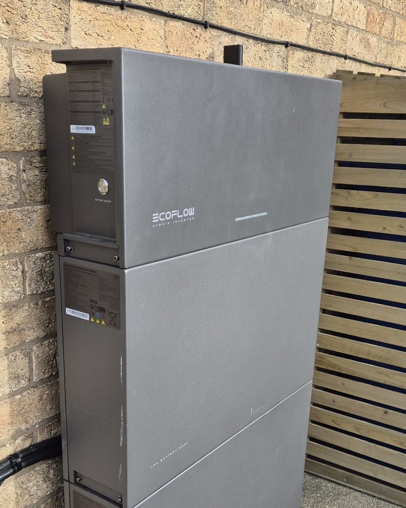 EcoFlow PowerOcean inverter and battery packs fitted on an outside wall