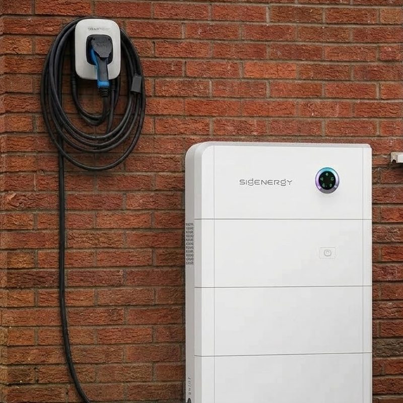Sigen EV DC charger on a brick wall, its cable running down to the SigenStor stack beside it